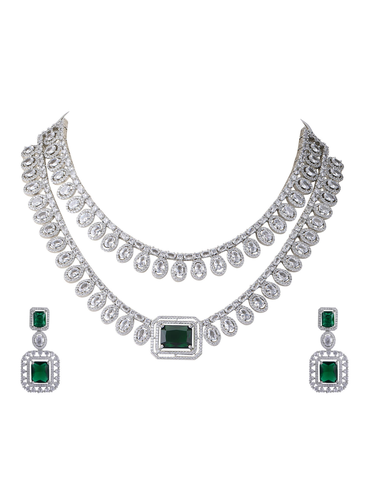 Rhodium Plated American Diamond zircon Green Necklace Set - Auraa Trends - Rhodium Plated American Diamond zircon Green