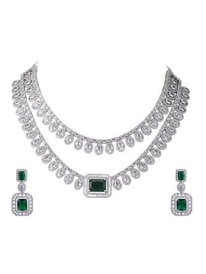 Rhodium Plated American Diamond zircon Green Necklace Set - Auraa Trends - Rhodium Plated American Diamond zircon Green