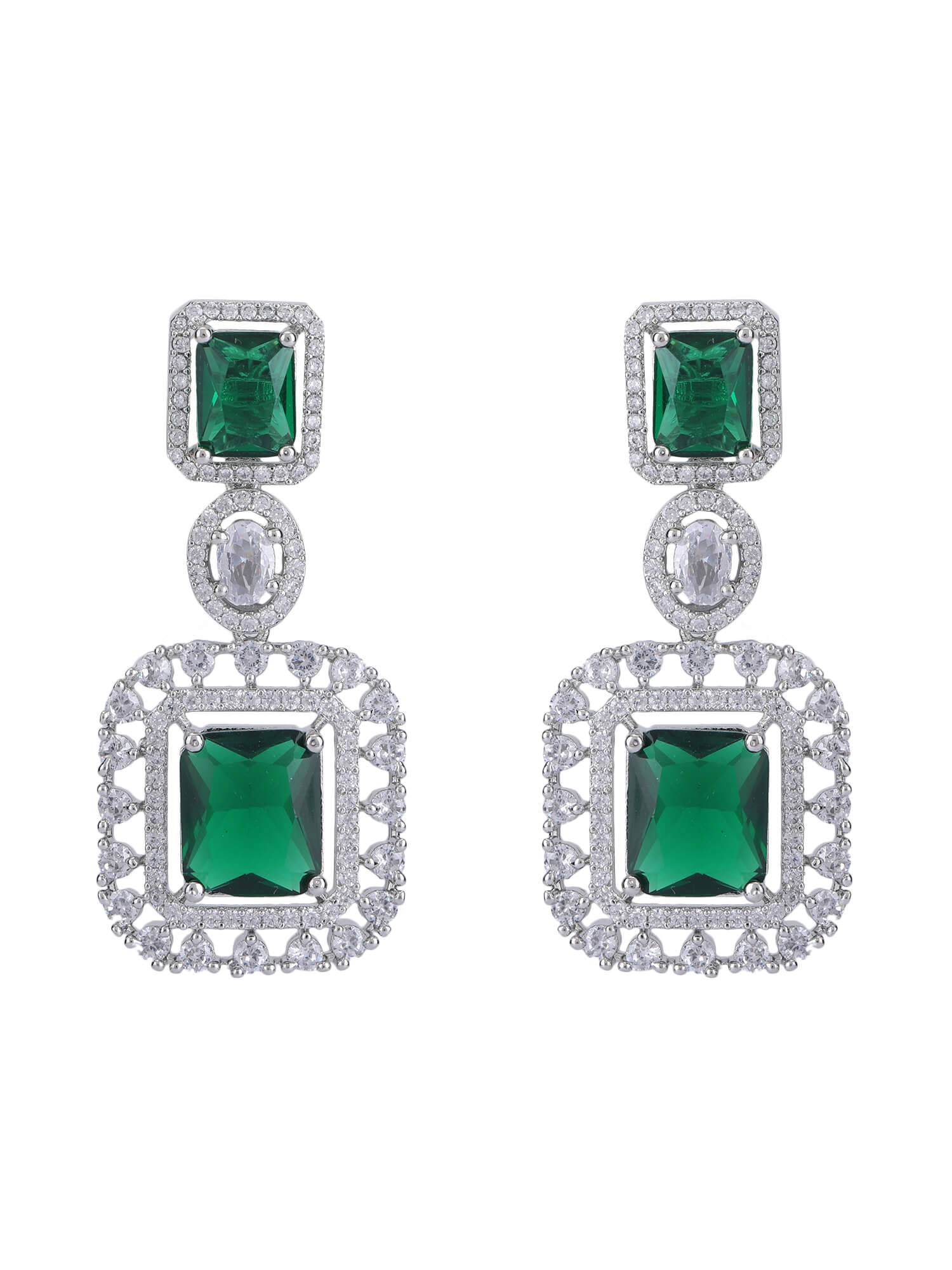 Rhodium Plated American Diamond zircon Green Necklace Set - Auraa Trends - Rhodium Plated American Diamond zircon Green