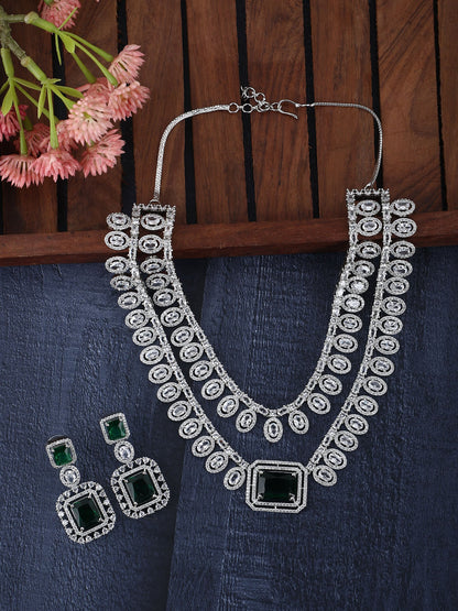 Rhodium Plated American Diamond zircon Green Necklace Set - Auraa Trends - Rhodium Plated American Diamond zircon Green
