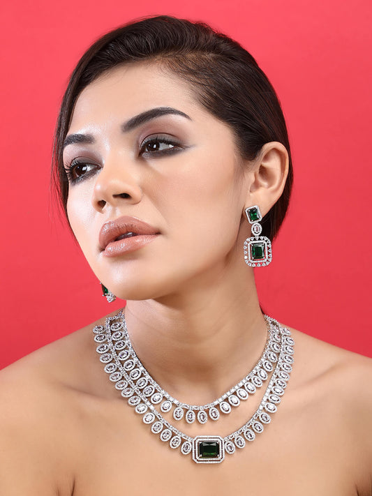 Rhodium Plated American Diamond zircon Green Necklace Set - Auraa Trends - Rhodium Plated American Diamond zircon Green