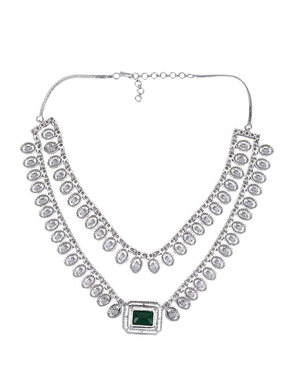 Rhodium Plated American Diamond zircon Green Necklace Set - Auraa Trends - Rhodium Plated American Diamond zircon Green