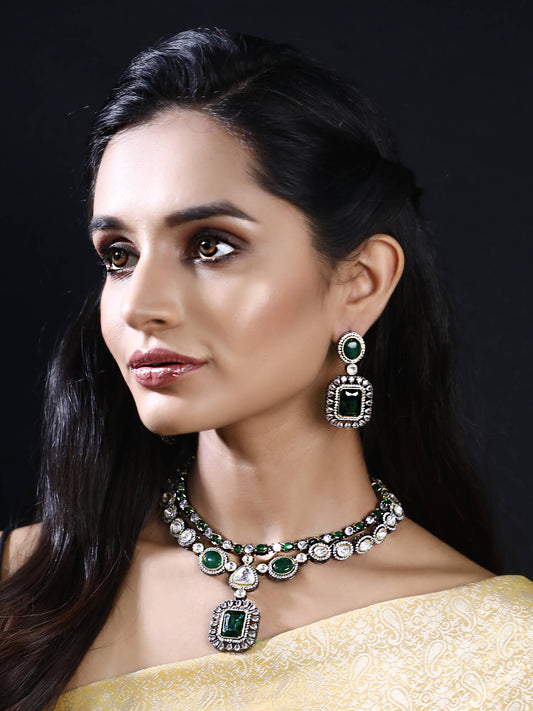 Rhodium Plated American Diamond Zircon Green Necklace Set - Auraa Trends - AD 92.5 Silver ad American Diamond