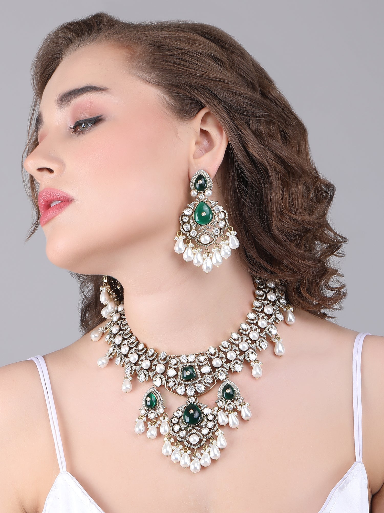 Rhodium Plated American Diamond Zircon Green Necklace Set - Auraa Trends - Rhodium Plated American Diamond Zircon Green