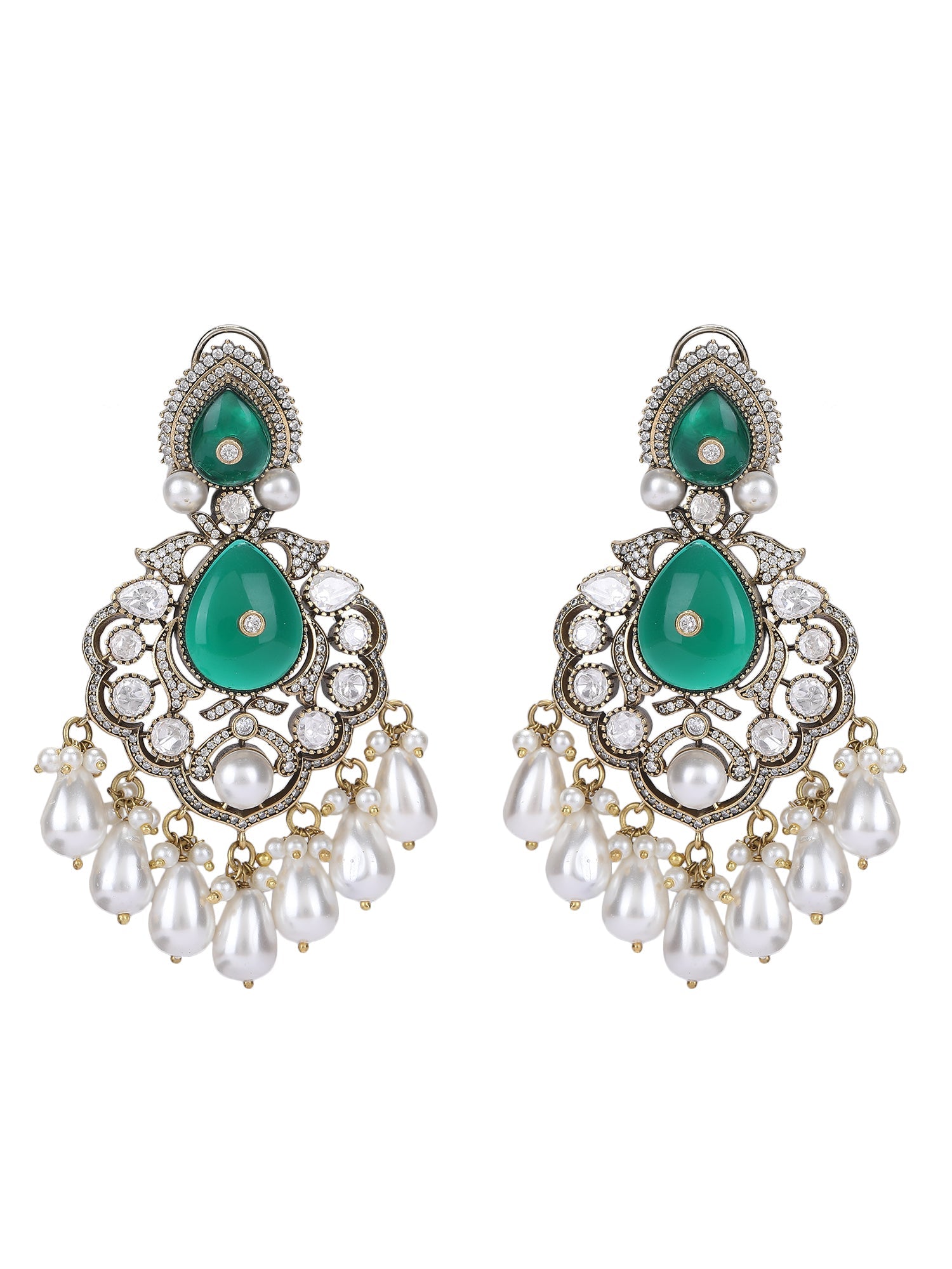 Rhodium Plated American Diamond Zircon Green Necklace Set - Auraa Trends - Rhodium Plated American Diamond Zircon Green