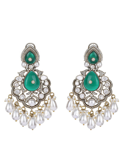 Rhodium Plated American Diamond Zircon Green Necklace Set - Auraa Trends - Rhodium Plated American Diamond Zircon Green