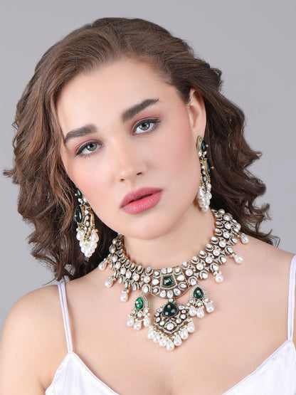 Rhodium Plated American Diamond Zircon Green Necklace Set - Auraa Trends - Rhodium Plated American Diamond Zircon Green