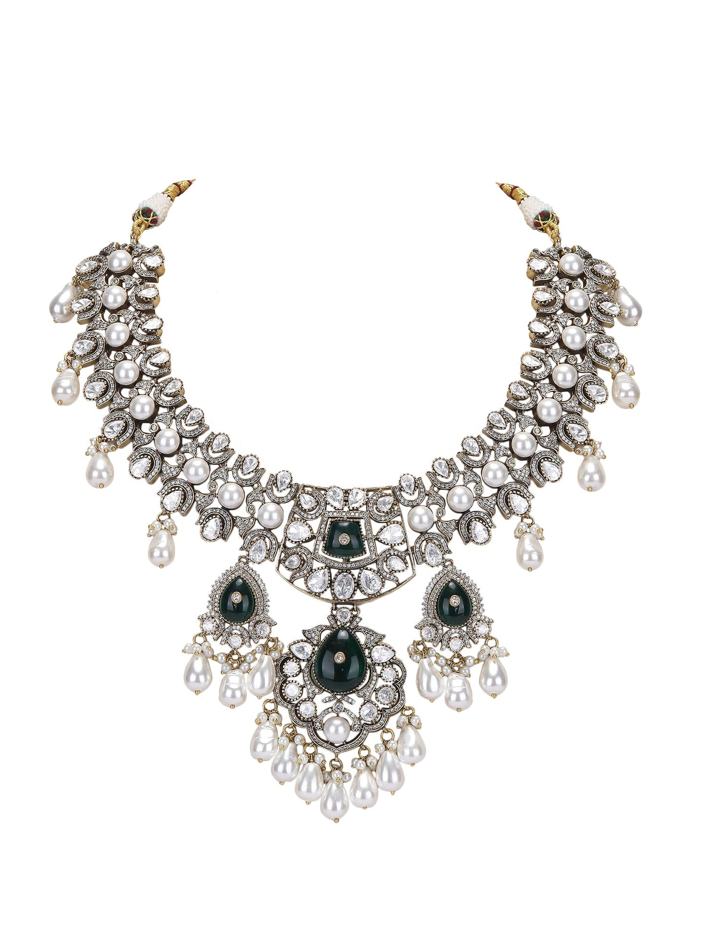 Rhodium Plated American Diamond Zircon Green Necklace Set - Auraa Trends - Rhodium Plated American Diamond Zircon Green