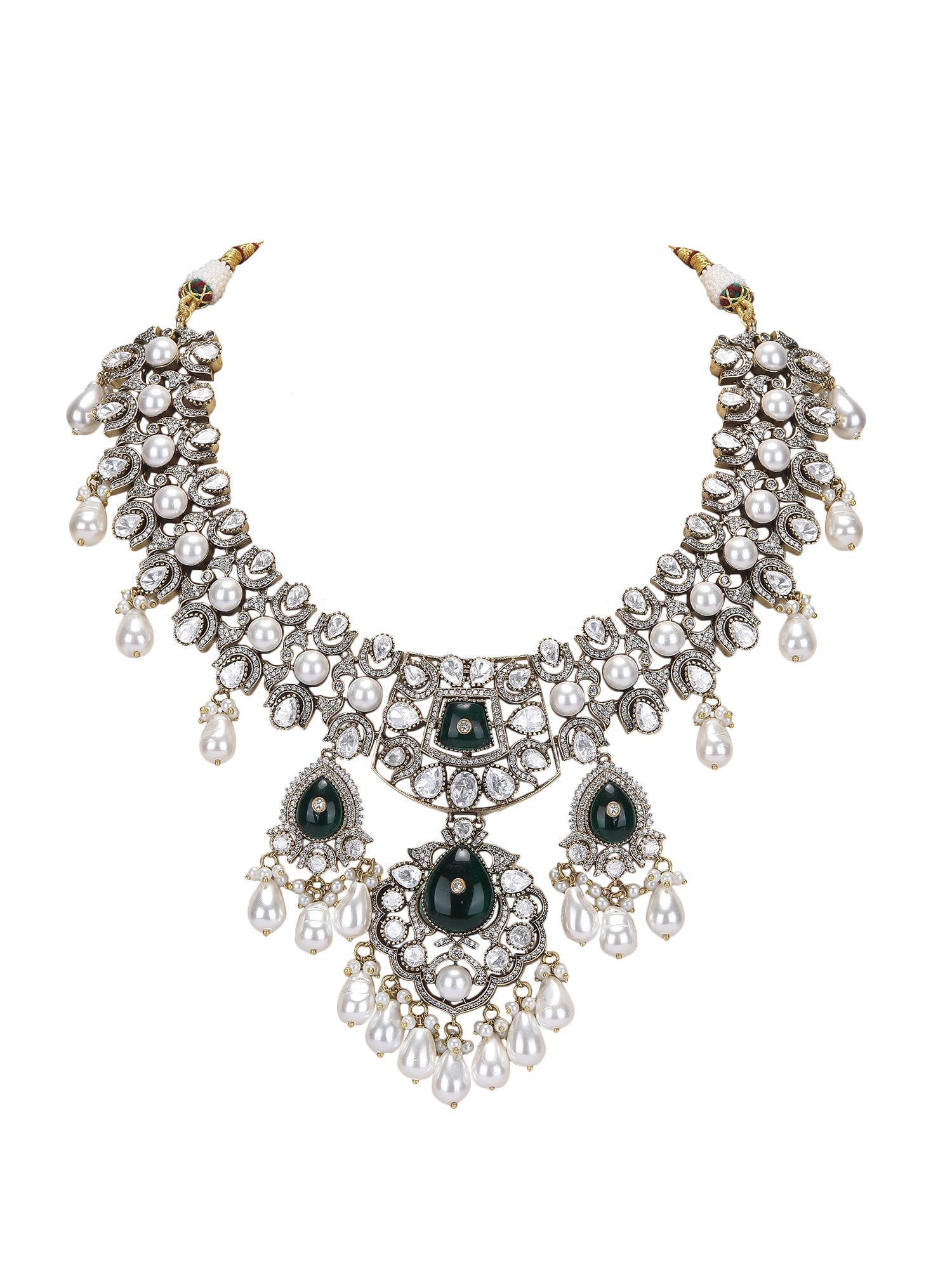 Rhodium Plated American Diamond Zircon Green Necklace Set - Auraa Trends - Rhodium Plated American Diamond Zircon Green