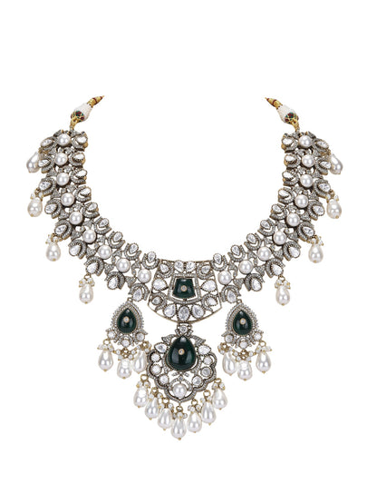 Rhodium Plated American Diamond Zircon Green Necklace Set - Auraa Trends - Rhodium Plated American Diamond Zircon Green
