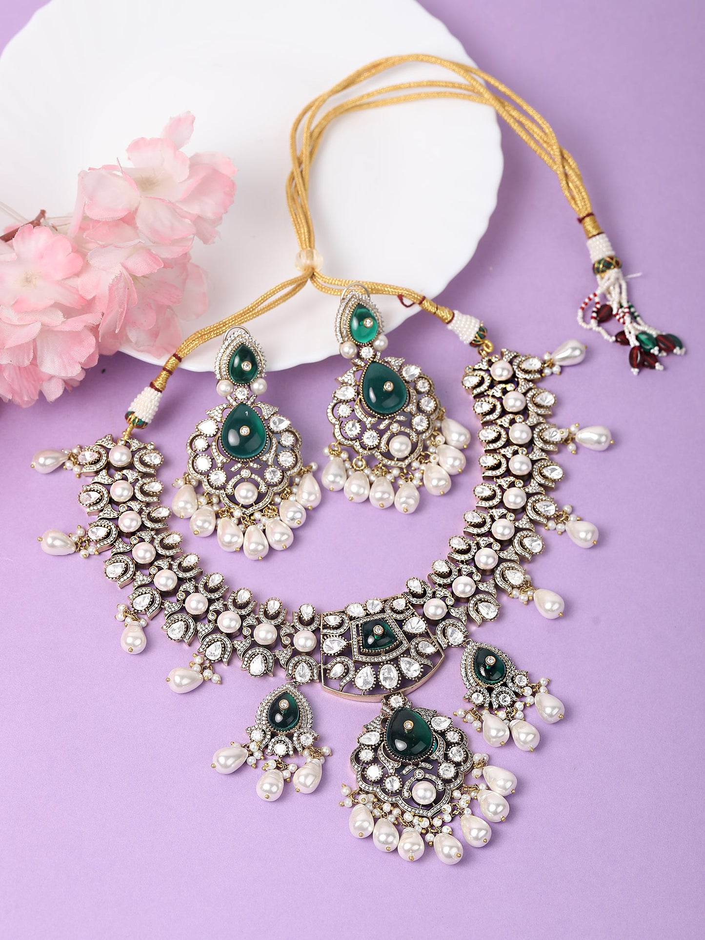 Rhodium Plated American Diamond Zircon Green Necklace Set - Auraa Trends - Rhodium Plated American Diamond Zircon Green
