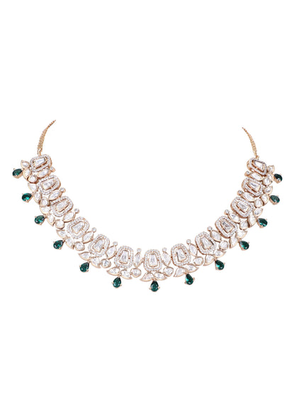 Rhodium Plated American Diamond Zircon Green Necklace Set For Girls - Auraa Trends - AD ad Alloy American Diamond