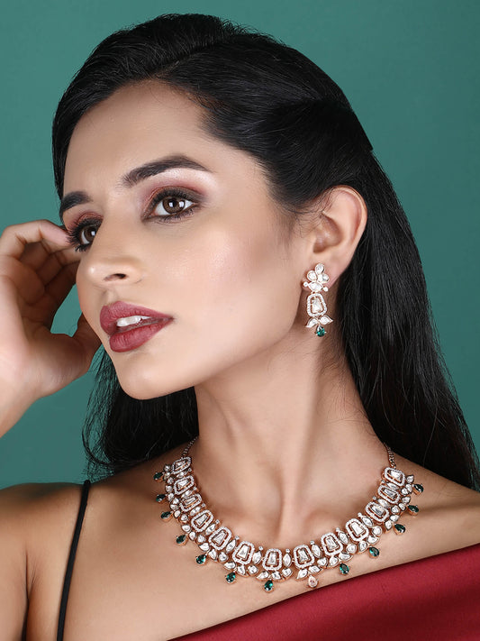 Rhodium Plated American Diamond Zircon Green Necklace Set For Girls - Auraa Trends - AD ad Alloy American Diamond