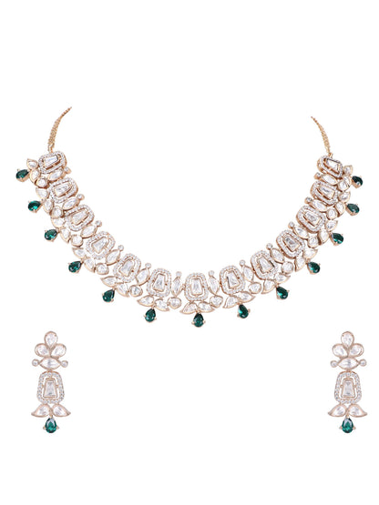 Rhodium Plated American Diamond Zircon Green Necklace Set For Girls - Auraa Trends - AD ad Alloy American Diamond