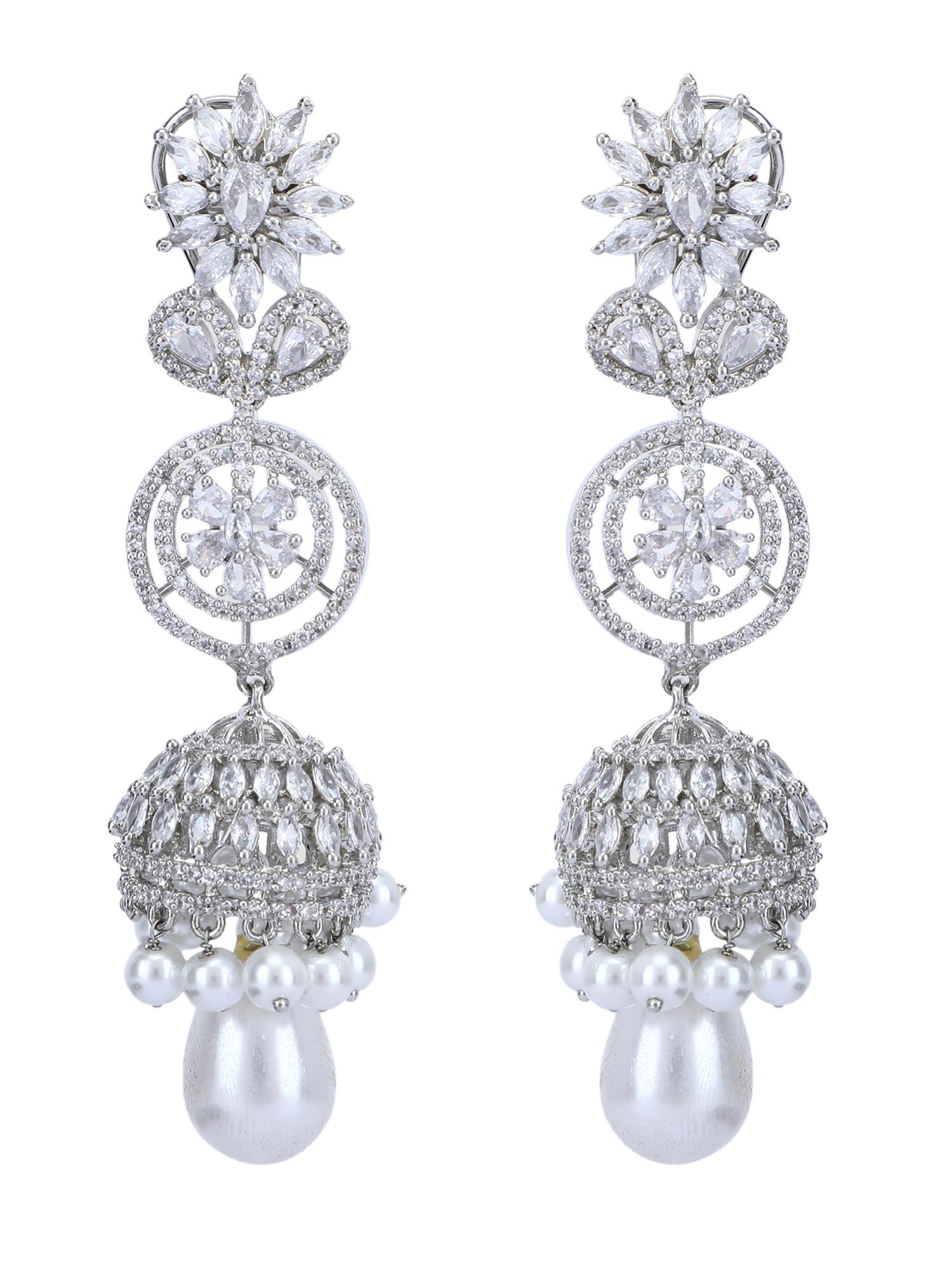 Rhodium Plated American Diamond Zircon Jhumka Earrings - Auraa Trends - Jhumka - Auraa Trends - american diamond earrings