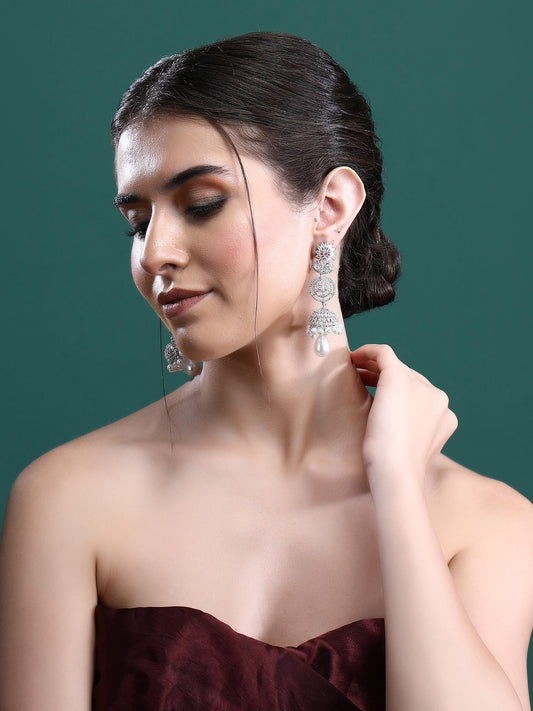 Rhodium Plated American Diamond Zircon Jhumka Earrings - Auraa Trends - Jhumka - # - Auraa Trends - earrings set for women