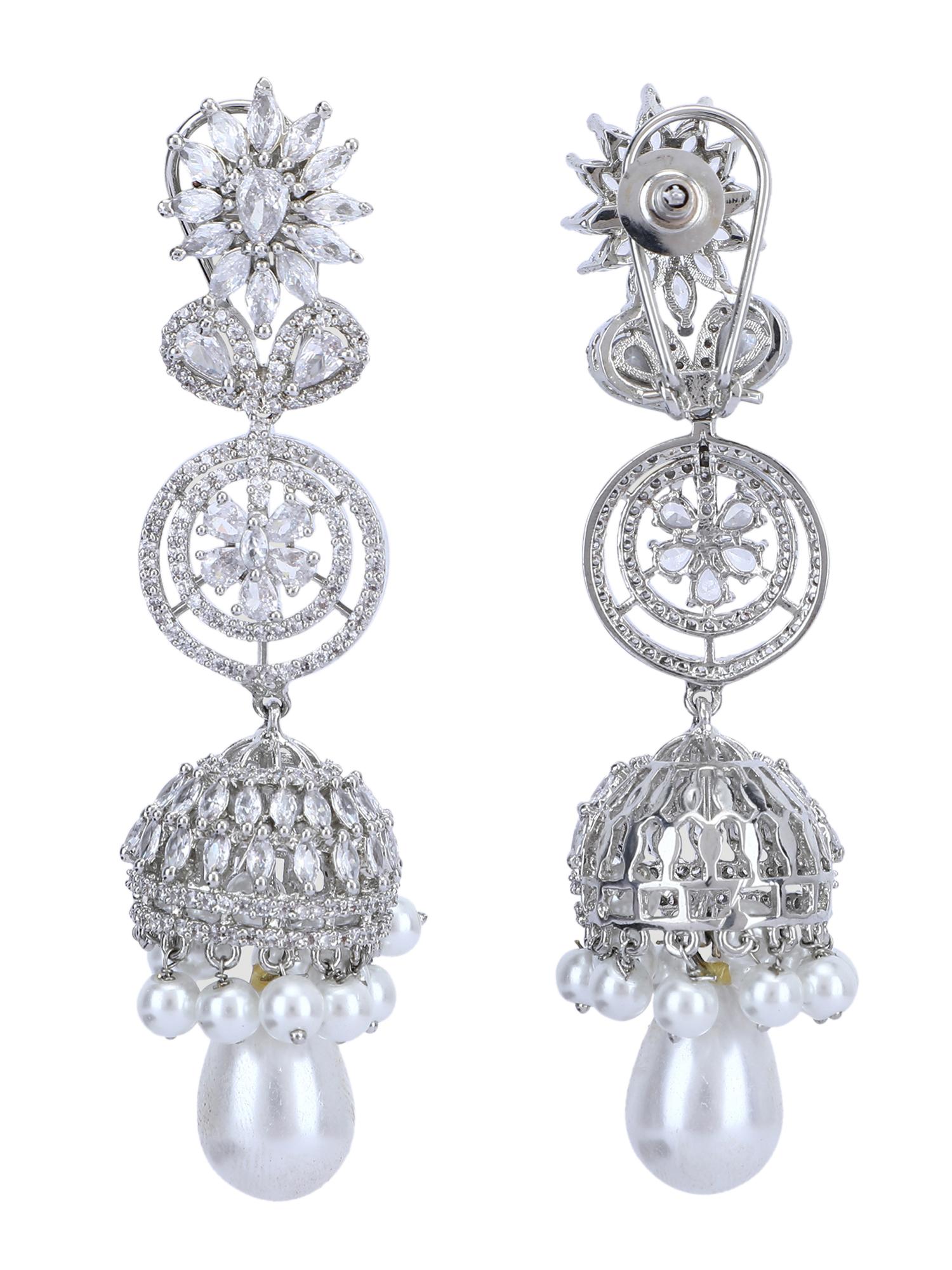 Rhodium Plated American Diamond Zircon Jhumka Earrings - Auraa Trends - Jhumka - # - Auraa Trends - american diamond earrings