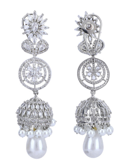 Rhodium Plated American Diamond Zircon Jhumka Earrings - Auraa Trends - Jhumka - # - Auraa Trends - american diamond earrings