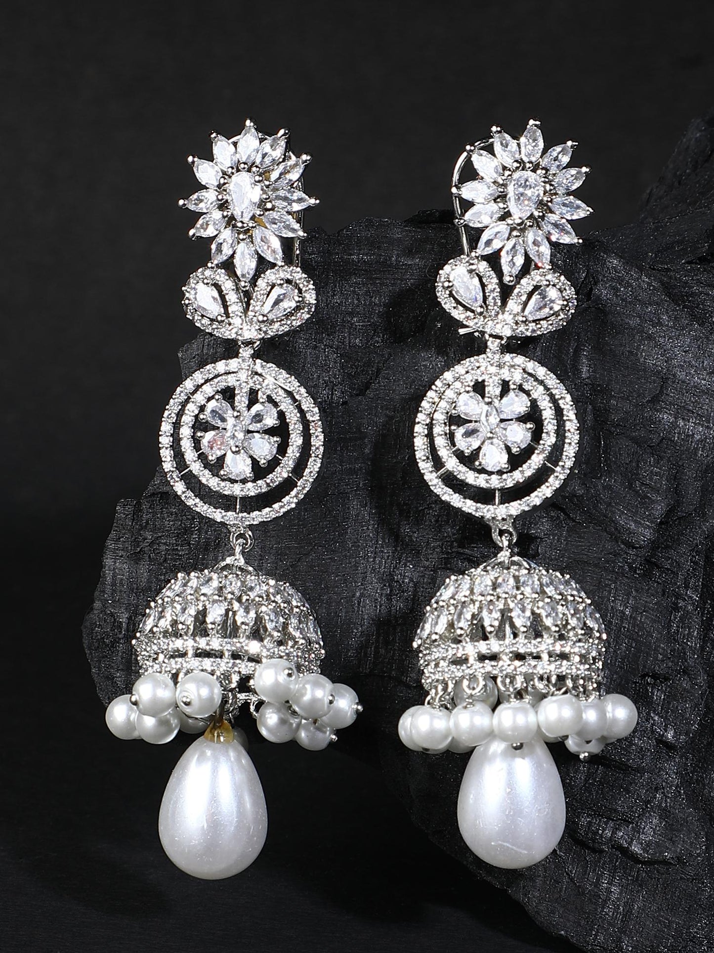 Rhodium Plated American Diamond Zircon Jhumka Earrings - Auraa Trends - Jhumka - Auraa Trends - earrings set finish diamond