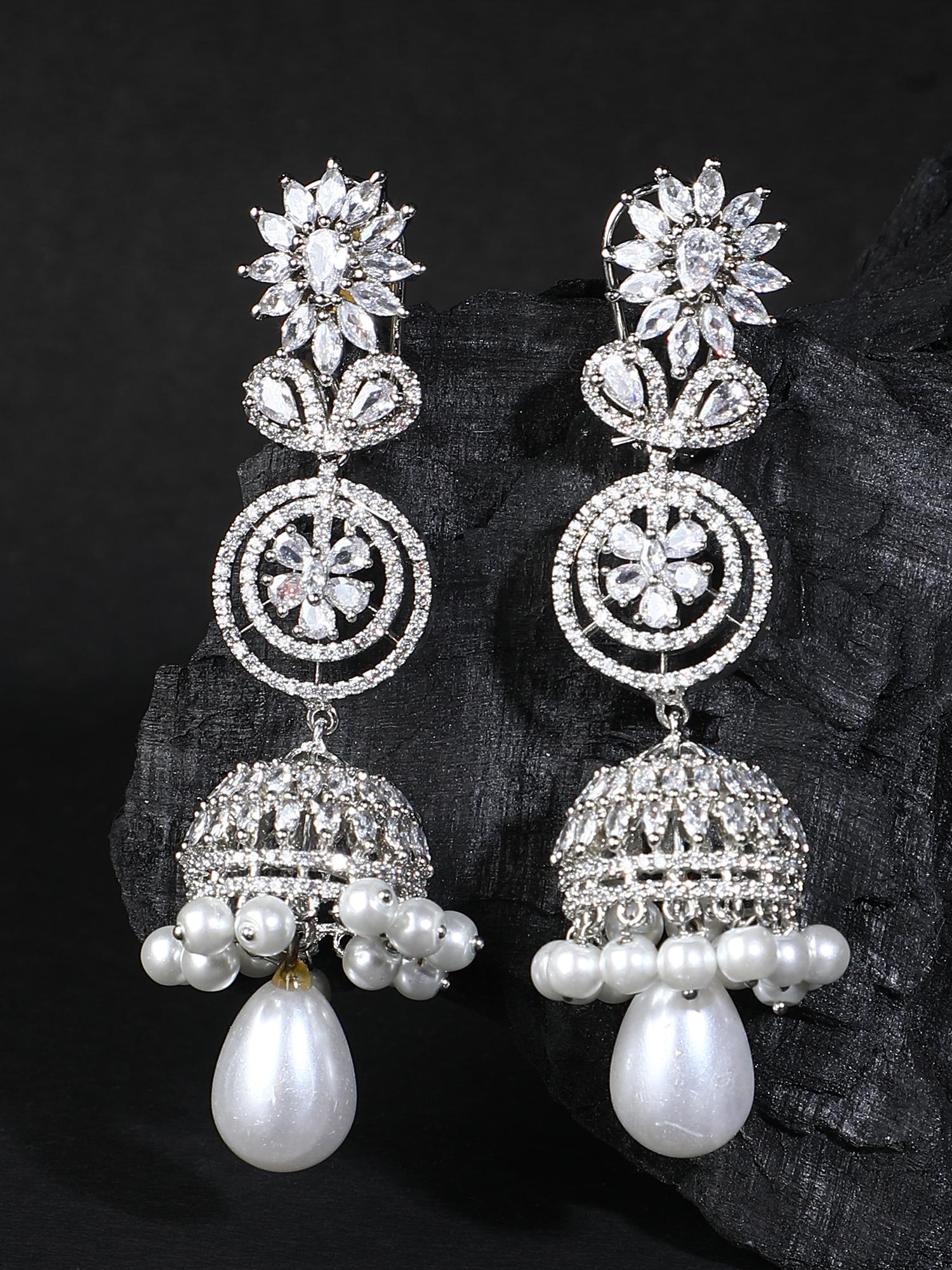 Rhodium Plated American Diamond Zircon Jhumka Earrings - Auraa Trends - Jhumka - Auraa Trends - earrings set finish diamond