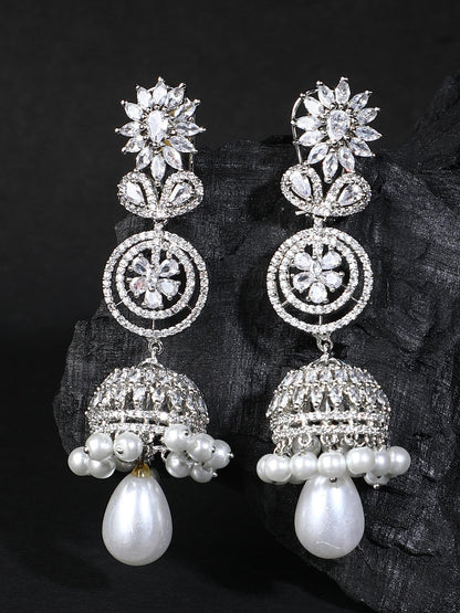 Rhodium Plated American Diamond Zircon Jhumka Earrings - Auraa Trends - Jhumka - Auraa Trends - earrings set finish diamond