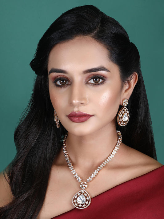 Rhodium Plated American Diamond Zircon Pendant Necklace Set - Auraa Trends - Pendant ad American Diamond Aura Trends