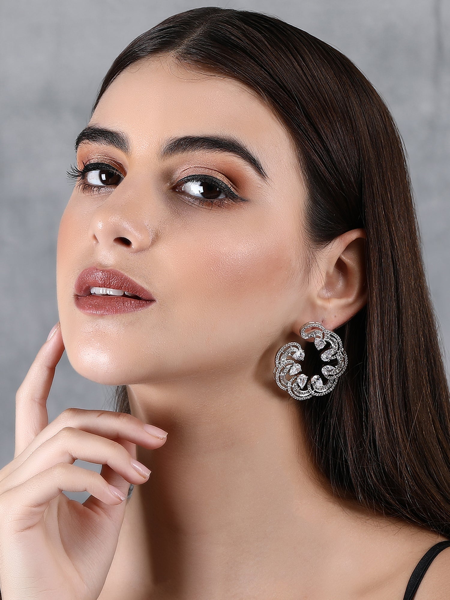 Rhodium-Plated American Diamond Zircon Stud Earrings - Auraa Trends - Studs American Diamond American Diamond Earring Earring