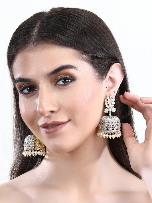 Rhodium Plated American Diamond Zircon White Jhumka Earring Set - Auraa Trends - Jhumka - Alloy American Diamond