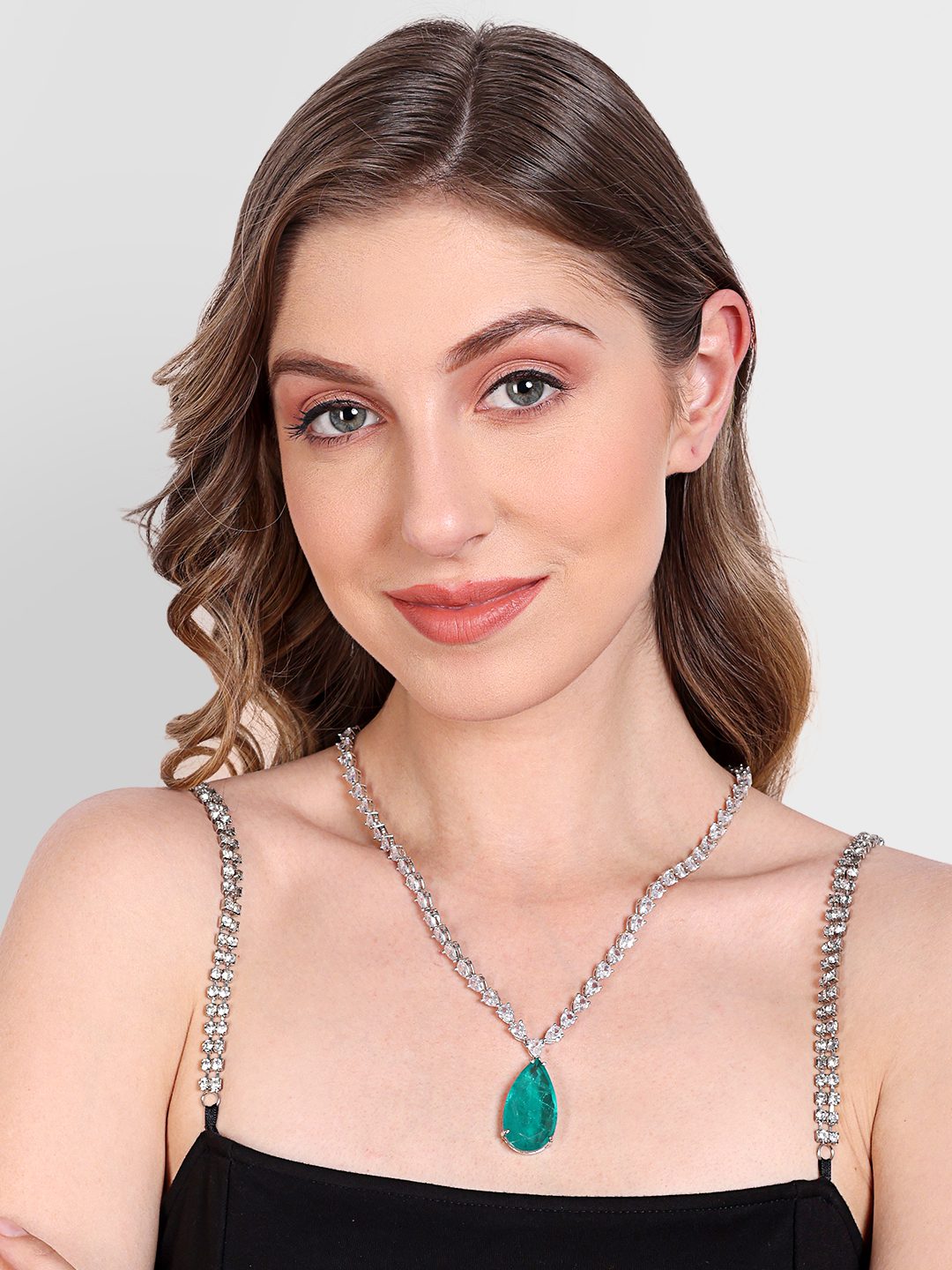 Rhodium Plated Green Stone American Diamond Pendant Necklace - Auraa Trends - Pendant - Festive festive45 Necklace