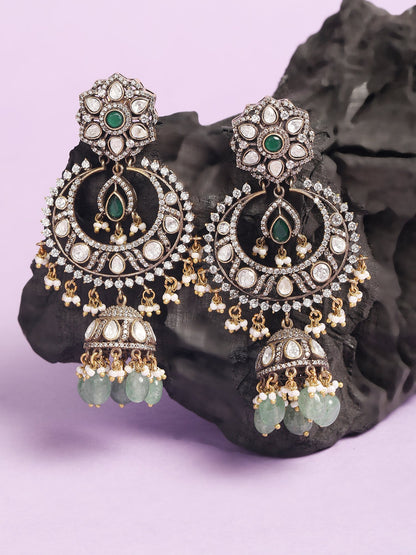 Rhodium Plated Green Stone Jhumkas - Auraa Trends - Earring Set - # - Auraa Trends - Rhodium Plated Green Stone Jhumkas