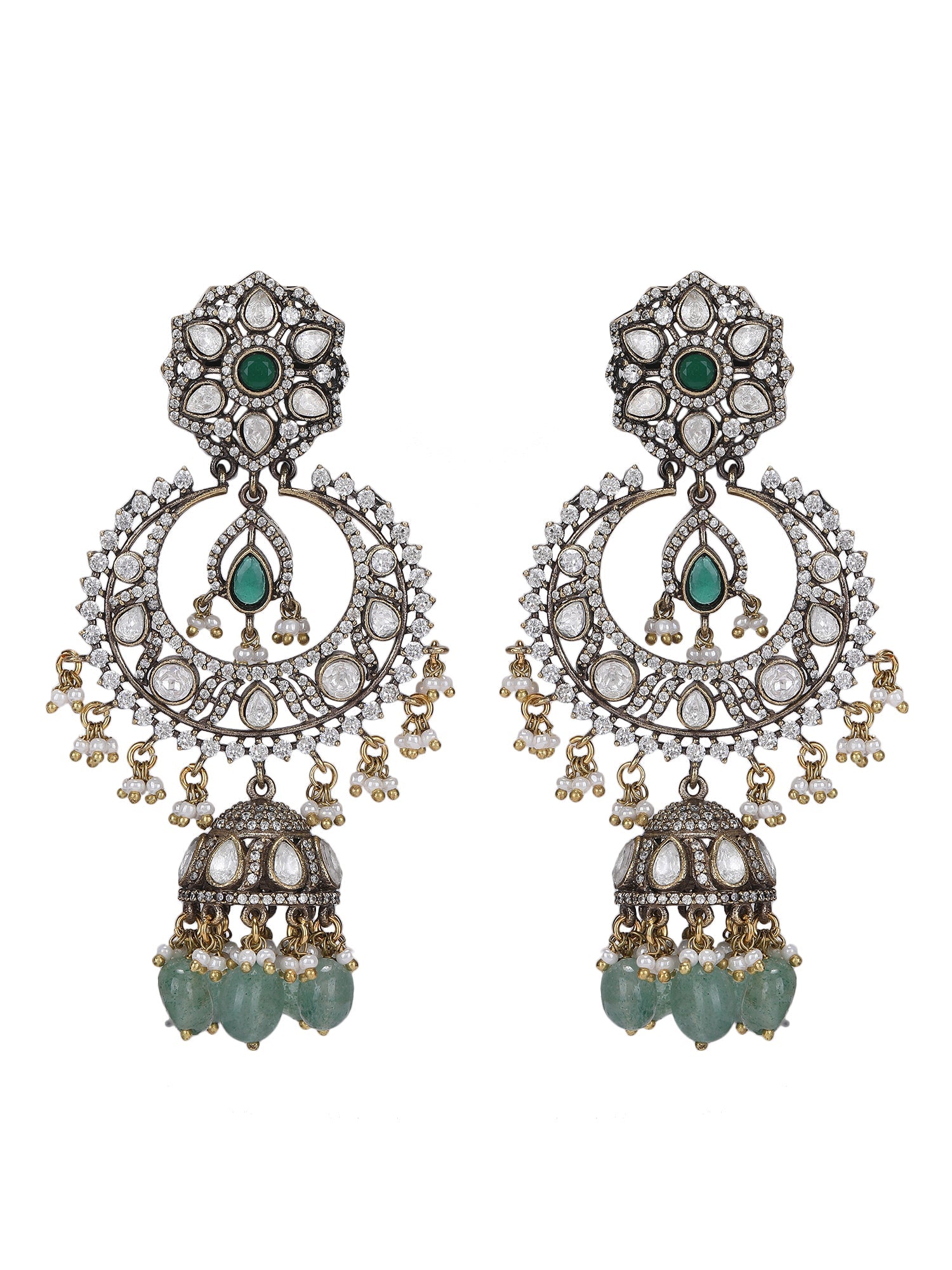 Rhodium Plated Green Stone Jhumkas - Auraa Trends - Earring Set - # - Auraa Trends - Rhodium Plated Green Stone Jhumkas