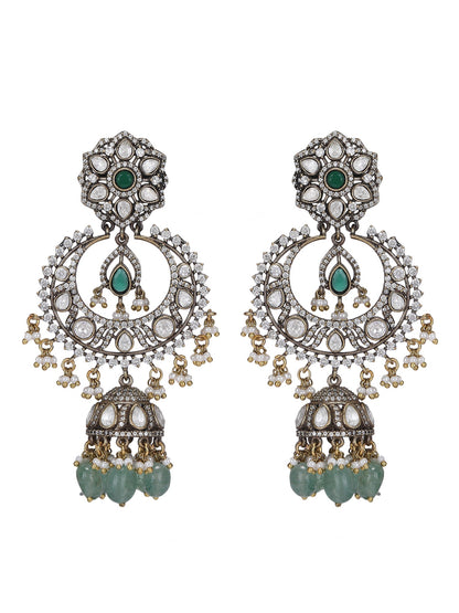 Rhodium Plated Green Stone Jhumkas - Auraa Trends - Earring Set - # - Auraa Trends - Rhodium Plated Green Stone Jhumkas
