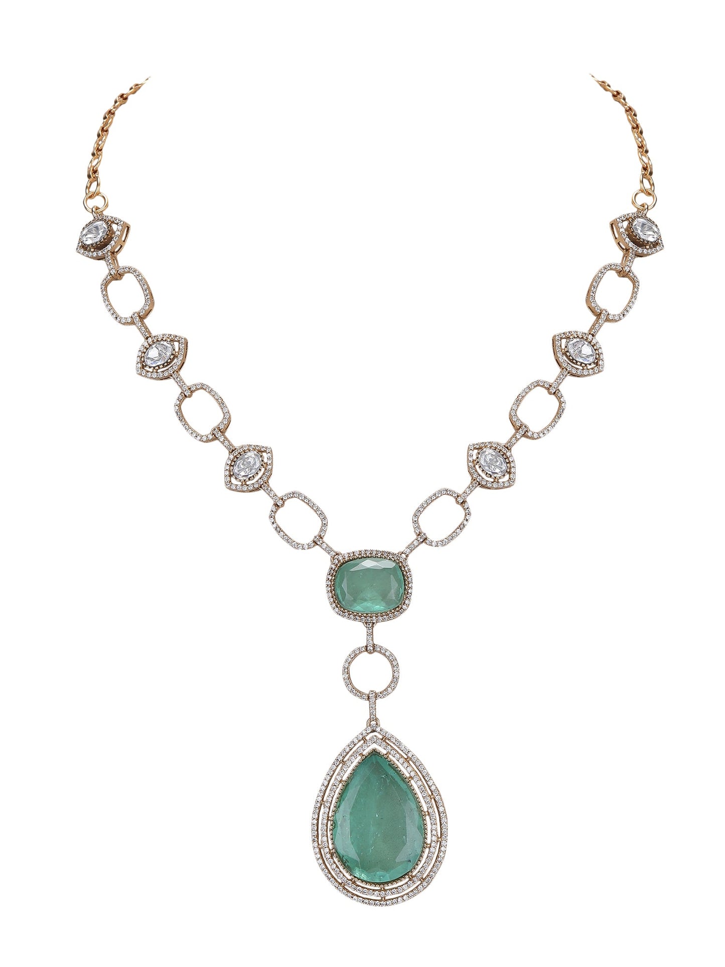 Rhodium Plated Green & White Pendant With Chain - Auraa Trends - Necklace Set - green jewellery set for bridal