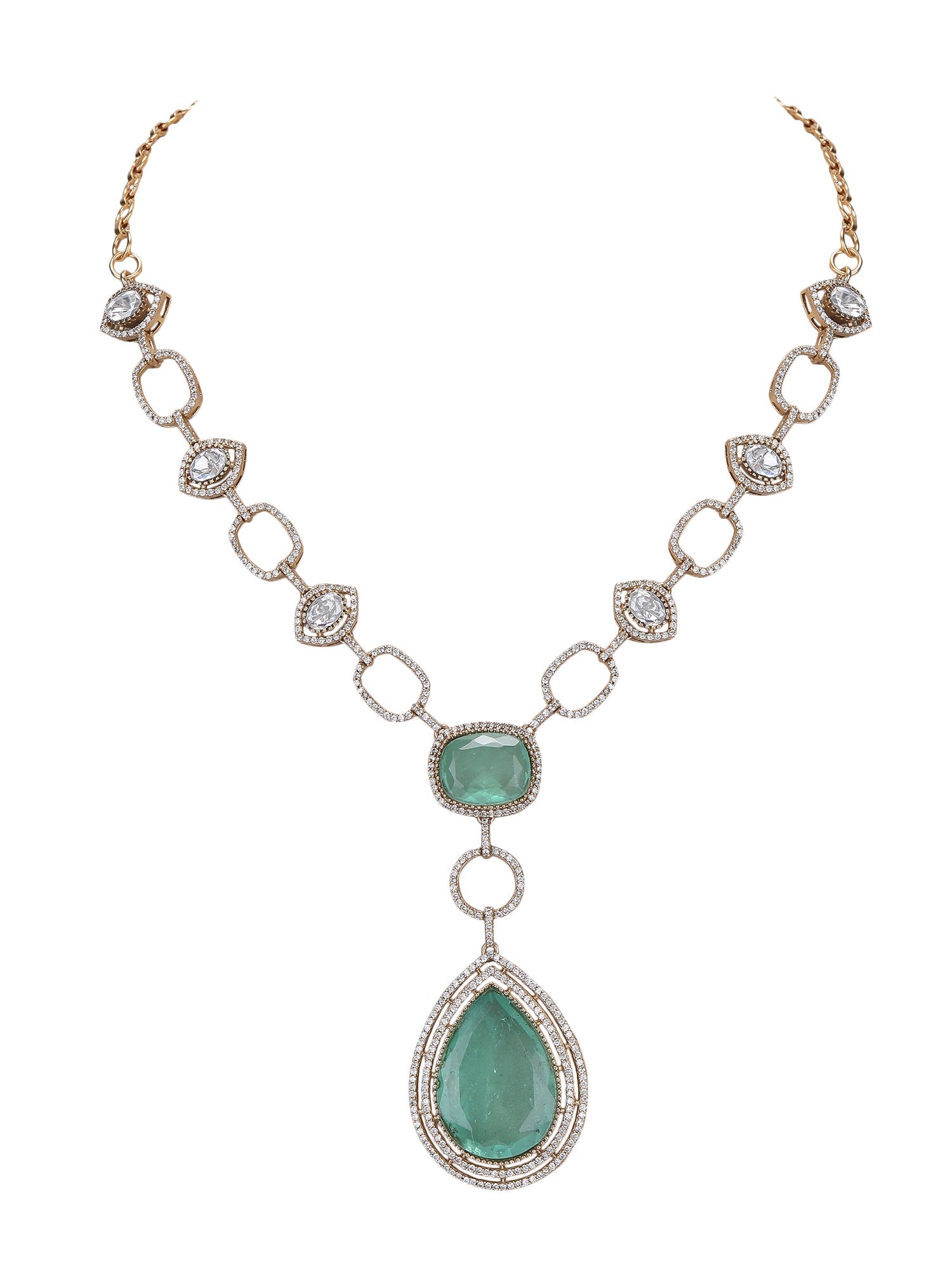 Rhodium Plated Green & White Pendant With Chain - Auraa Trends - Necklace Set - green jewellery set for bridal