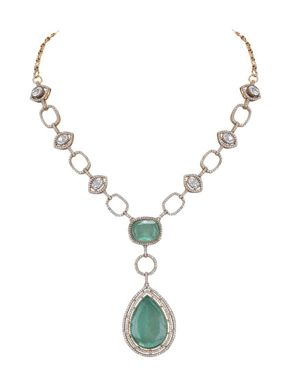 Rhodium Plated Green & White Pendant With Chain - Auraa Trends - Necklace Set - green jewellery set for bridal
