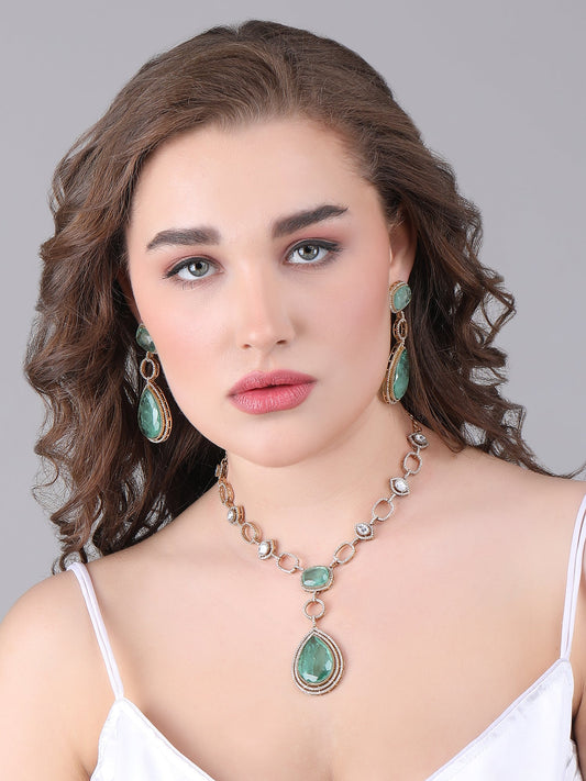 Rhodium Plated Green & White Pendant With Chain - Auraa Trends - Necklace Set - Buy Rhodium Plated Green & White Pendant With