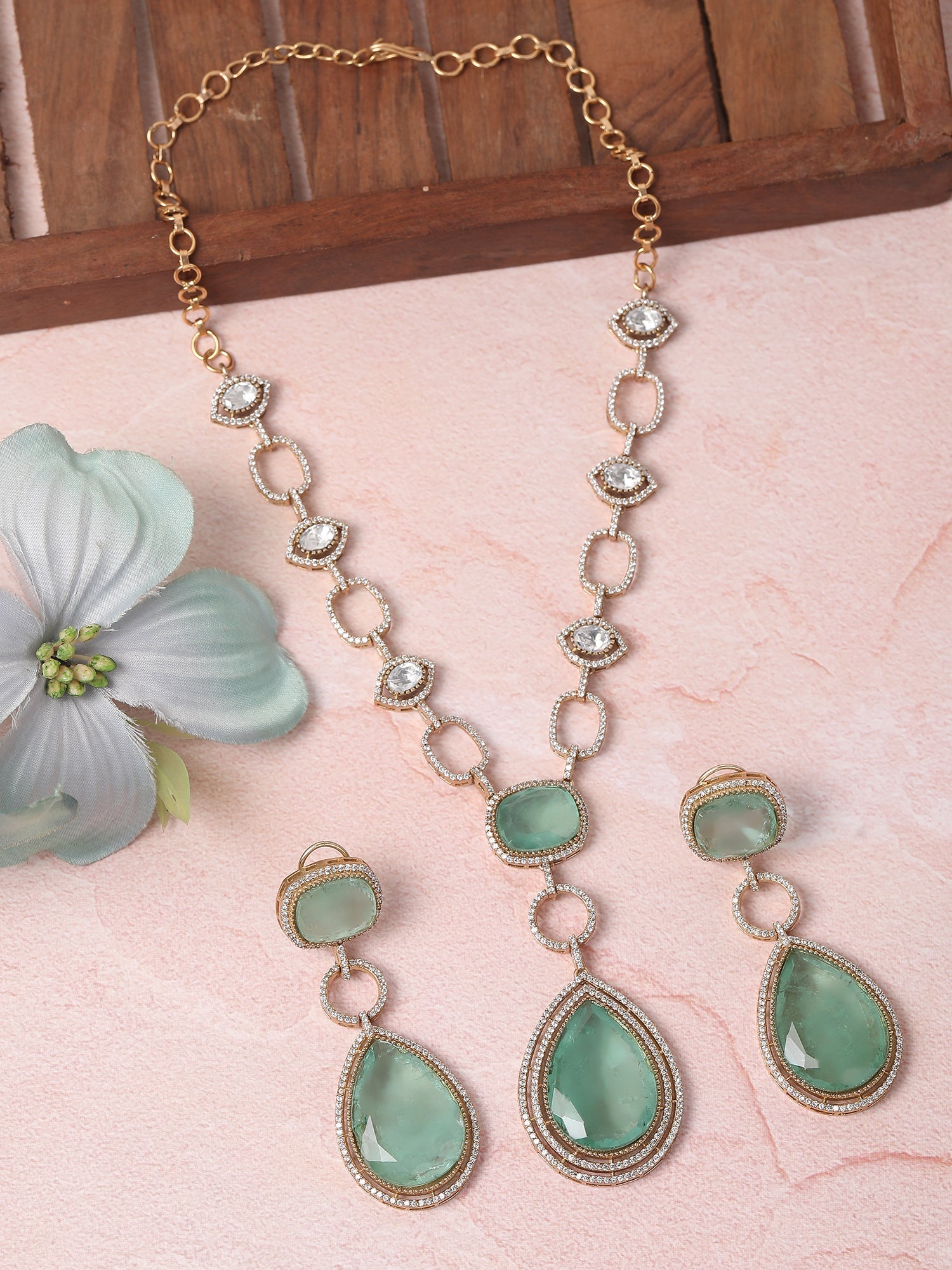 Rhodium Plated Green & White Pendant With Chain - Auraa Trends - Necklace Set - Trends - Green Necklace Set Link With Chain