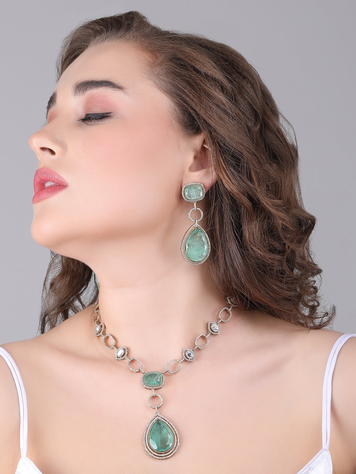 Rhodium Plated Green & White Pendant With Chain - Auraa Trends - Necklace Set - Auraa Trends - Green Necklace Set