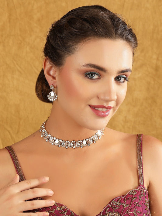 Rhodium-Plated Moissanite Choker Necklace Set with Earrings - Auraa Trends - Choker - ad American Diamond Choker