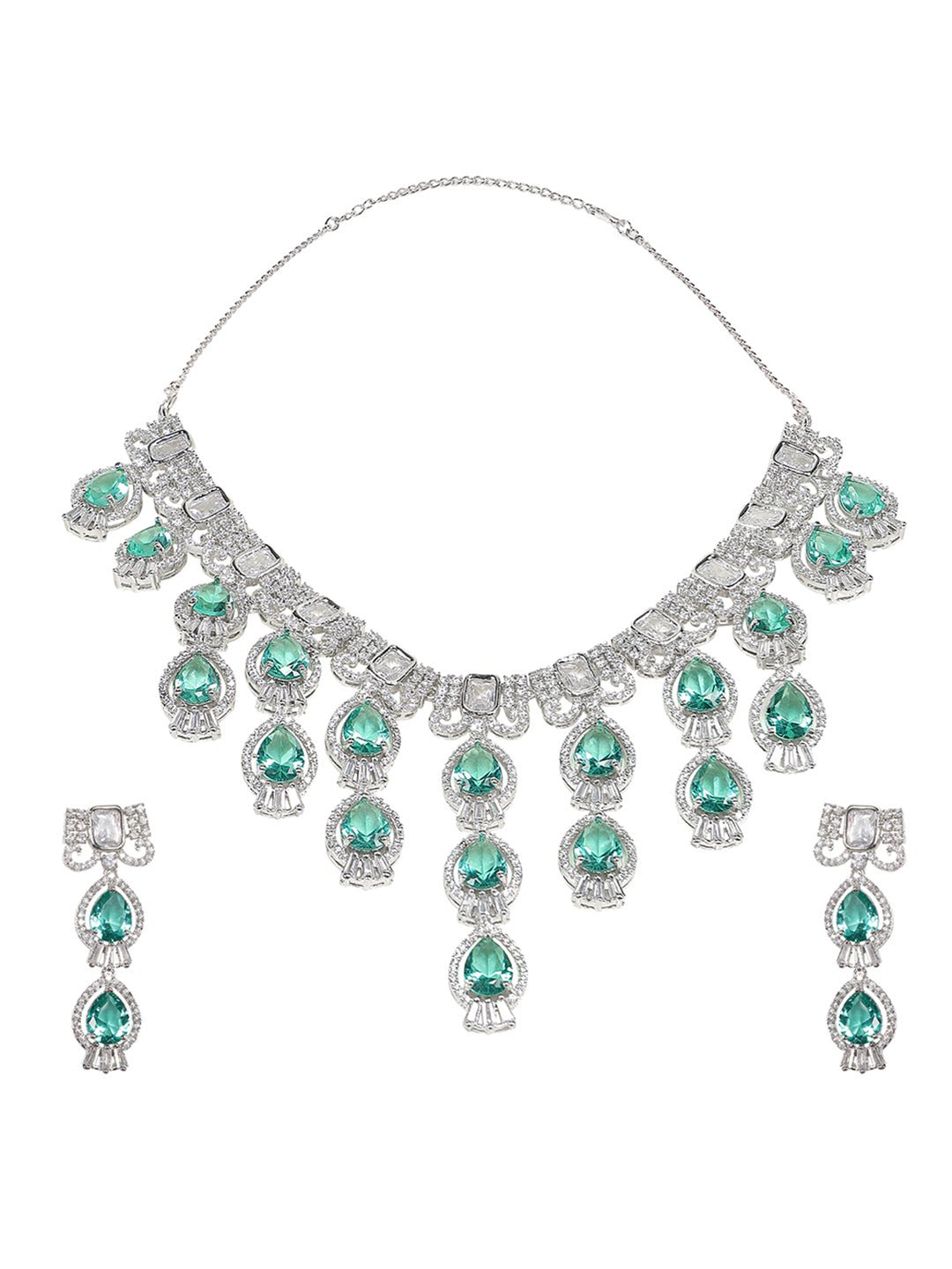 Rhodium Plated sea Green American Necklace Set For Women - Auraa Trends - AD - ad Blue Moissanite Necklace