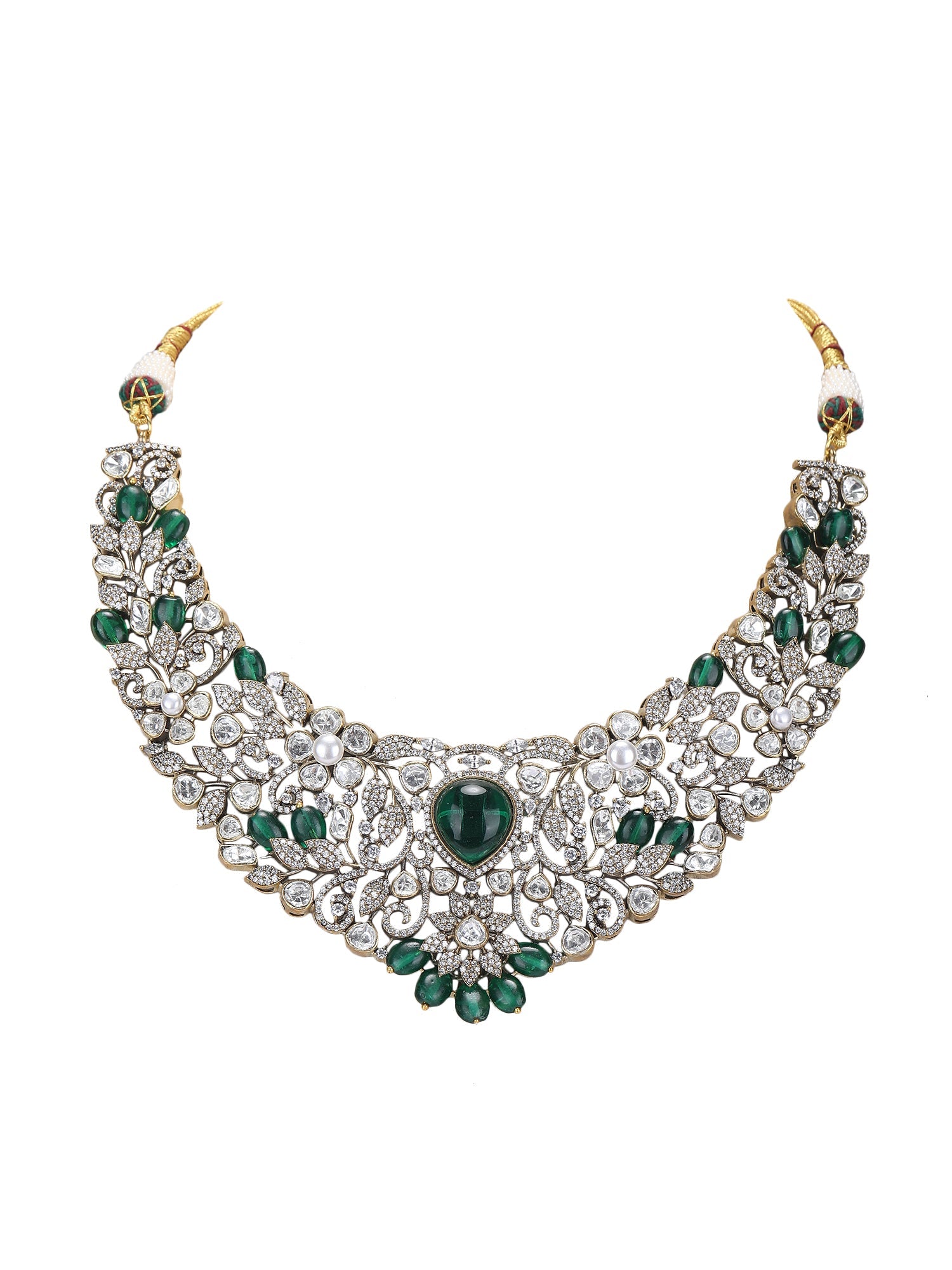 Rhodium Plated Zircon Green Necklace Set - Auraa Trends - Necklace Set - Trends - Rhodium Plated Zircon Green Necklace Set