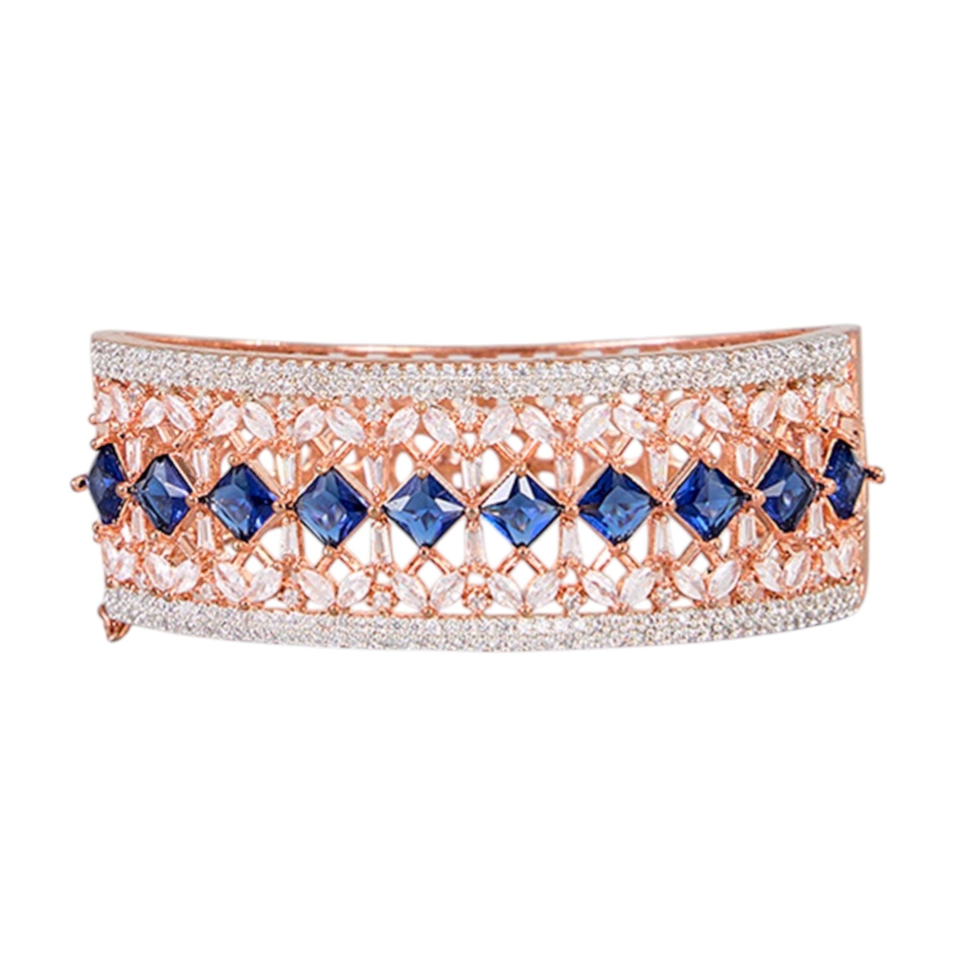 Rose Gold - Plated Designer Bangle with Blue Square Stones and Cubic Zirconia for Women - Auraa Trends - Bangles -  - Auraa Trends - Elegant rose gold - plated bangle with blue square stones and CZ, ideal for festive and party wear.