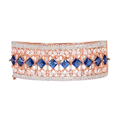 Rose Gold - Plated Designer Bangle with Blue Square Stones and Cubic Zirconia for Women - Auraa Trends - Bangles -  - Auraa Trends - Elegant rose gold - plated bangle with blue square stones and CZ, ideal for festive and party wear.