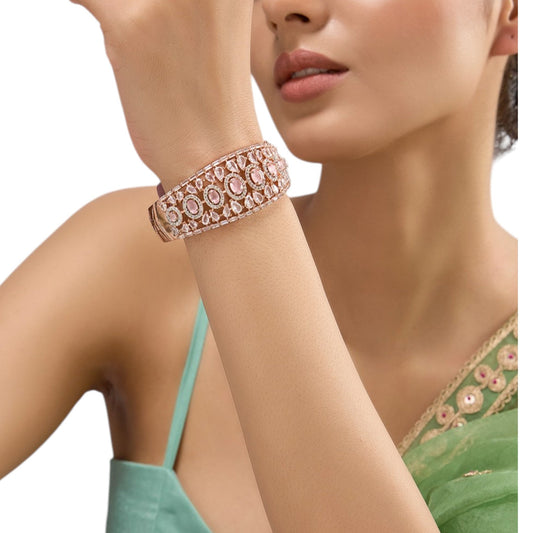 Rose Gold - Plated Pink Stone Bangle with White CZ Accents for Women - Auraa Trends - Bracelet -  - Auraa Trends - Rose gold - plated designer bangle with pink oval stones and white CZ, ideal for festive and bridal wear.