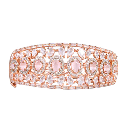 Rose Gold - Plated Pink Stone Bangle with White CZ Accents for Women - Auraa Trends - Bracelet -  - Auraa Trends - Rose gold - plated designer bangle with pink oval stones and white CZ, ideal for festive and bridal wear.