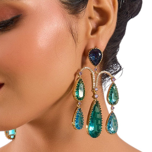 Royal Blue and Emerald Green Statement Drop Earrings - Auraa Trends - Drop - # - Auraa Trends - Statement drop earrings in royal blue and emerald green with teardrop crystals and gold accents