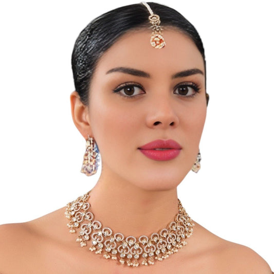 Royal Bridal Crystal Choker Set along with Earrings & Maangtikka - Auraa Trends - choker - # - Auraa Trends - Royal Bridal Crystal Choker Set along with Earrings & Maangtikka