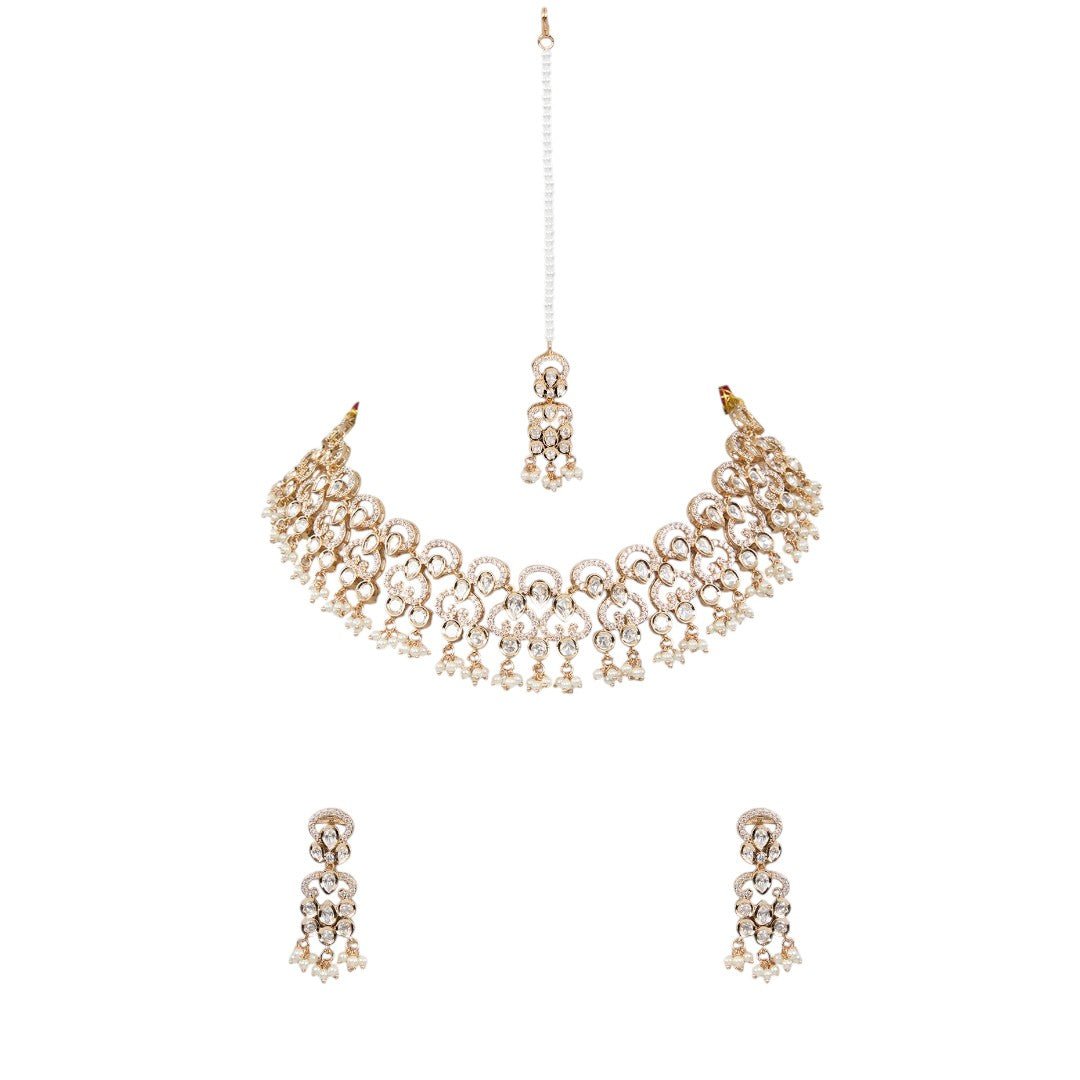 Royal Bridal Crystal Choker Set along with Earrings & Maangtikka - Auraa Trends - choker - # - Auraa Trends - Royal Bridal Crystal Choker Set along with Earrings & Maangtikka