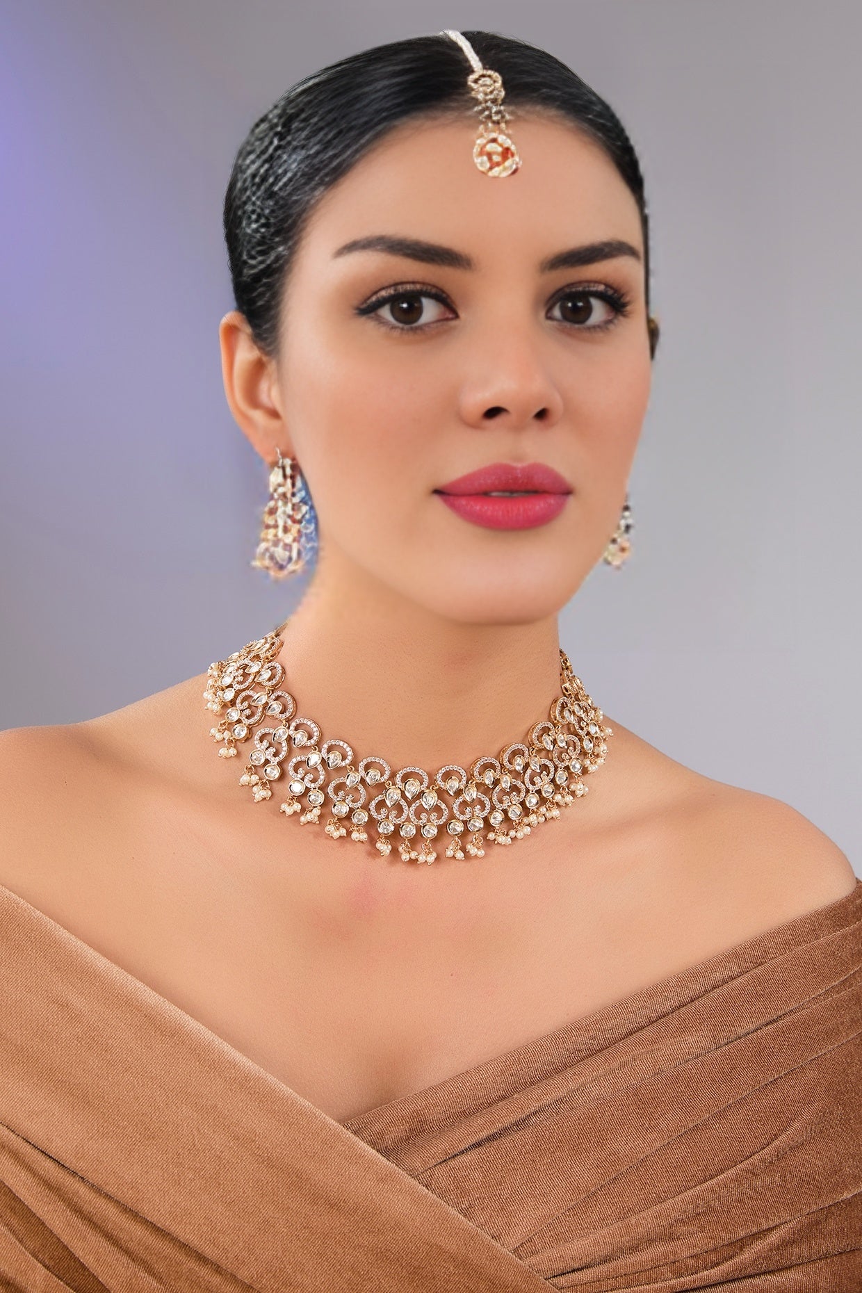 Royal Bridal Crystal Choker Set along with Earrings & Maangtikka - Auraa Trends - choker - # - Auraa Trends - Royal Bridal Crystal Choker Set along with Earrings & Maangtikka