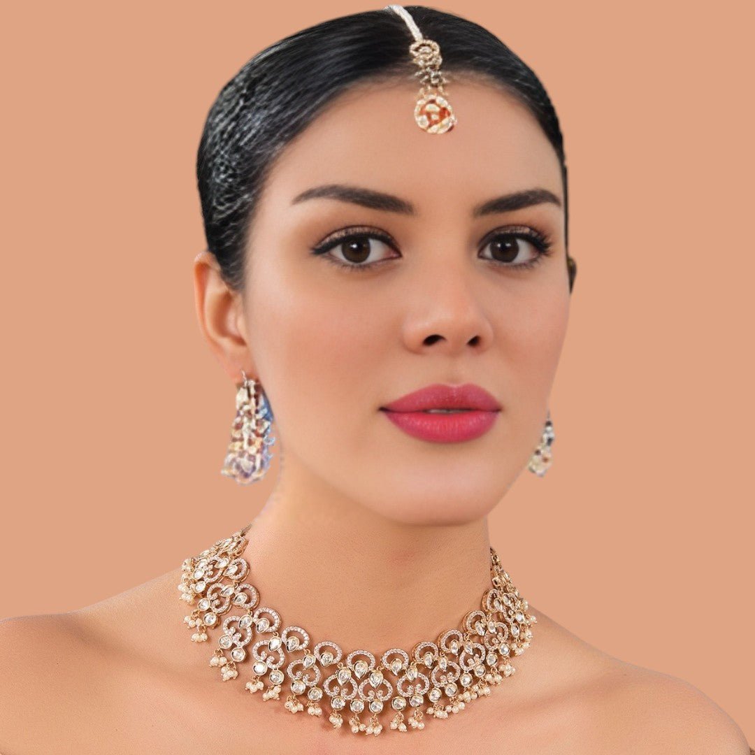 Royal Bridal Crystal Choker Set along with Earrings & Maangtikka - Auraa Trends - choker - # - Auraa Trends - Royal Bridal Crystal Choker Set along with Earrings & Maangtikka
